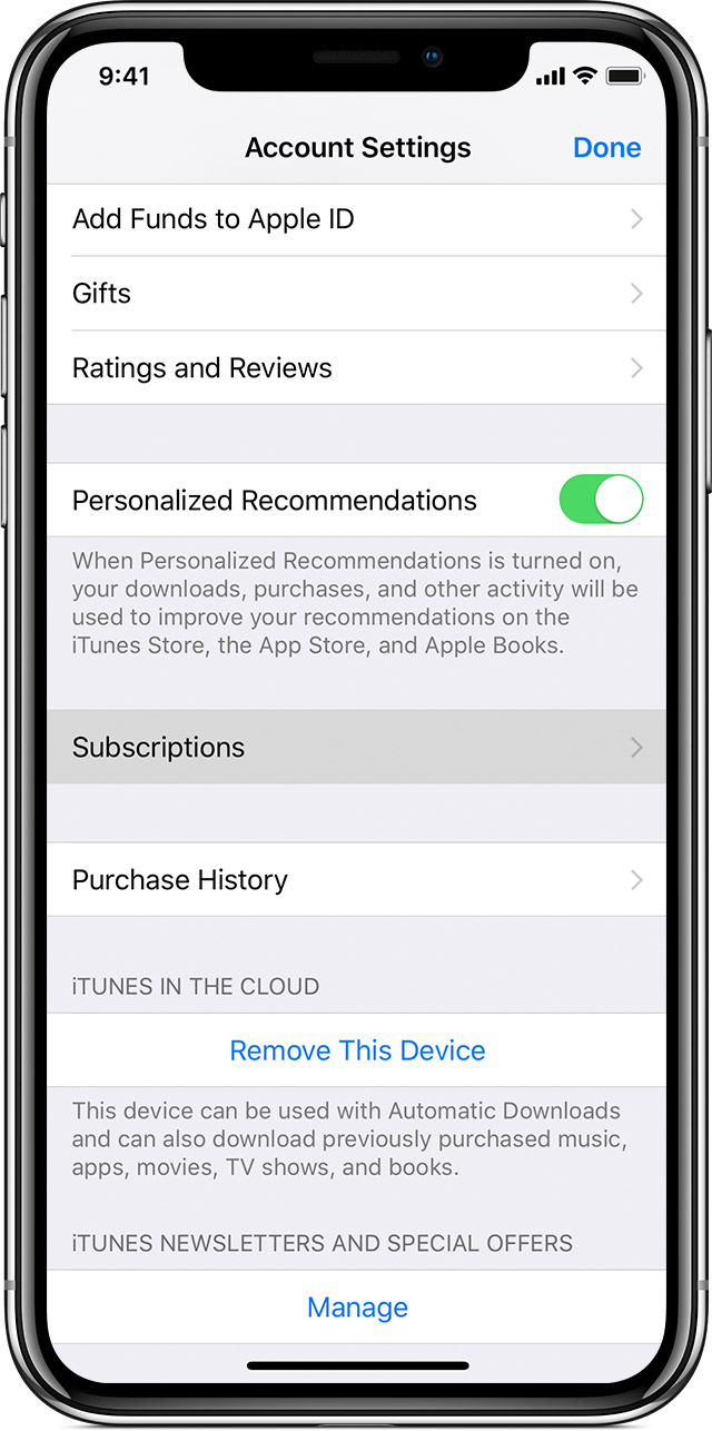 iPhone X с изображением экрана настроек учетной записи. На экране выделена кнопка «Подписки».