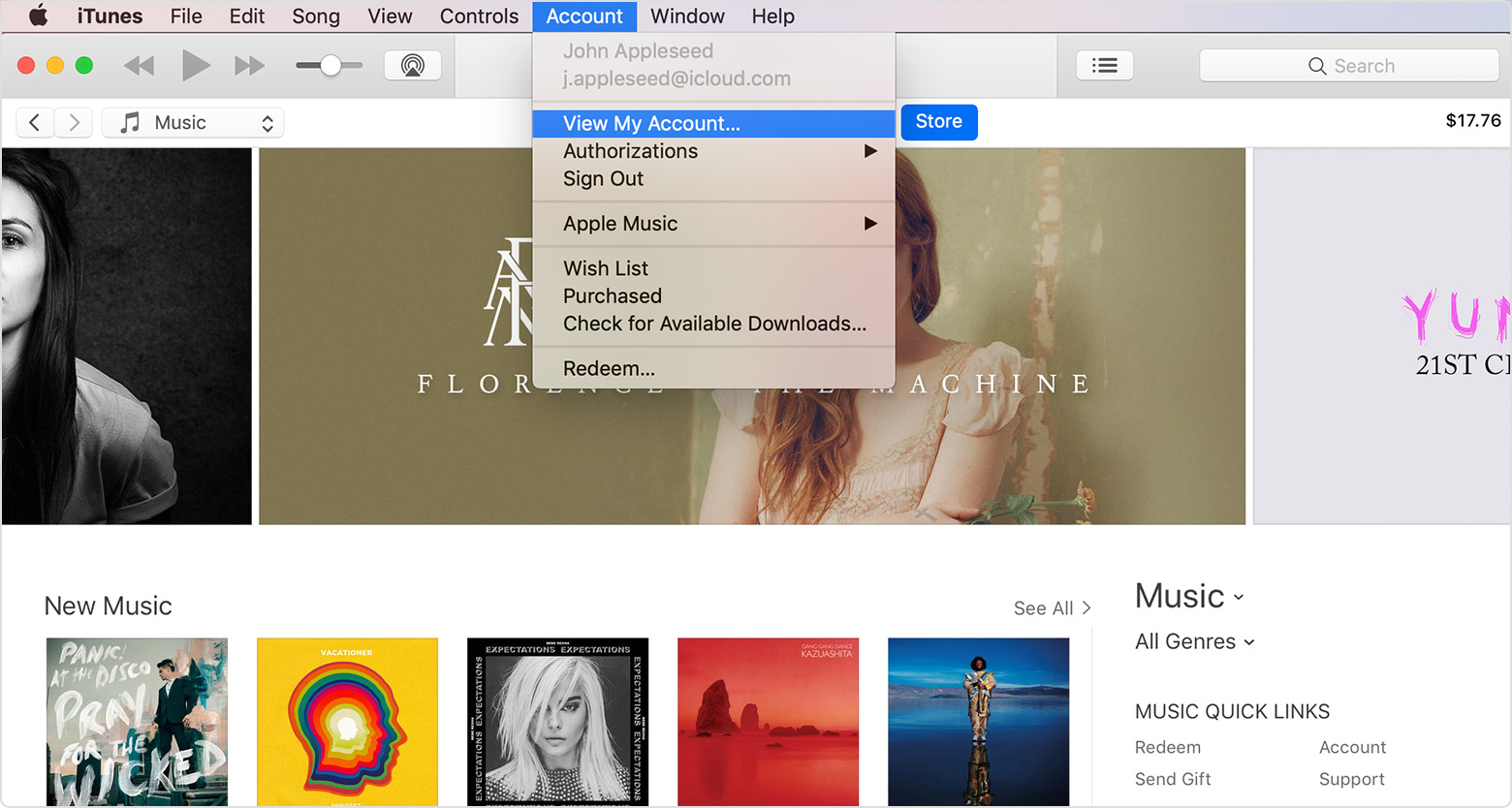 Окно iTunes, на фоне которого отображается меню учетной записи. В меню выбран вариант «Просмотреть».