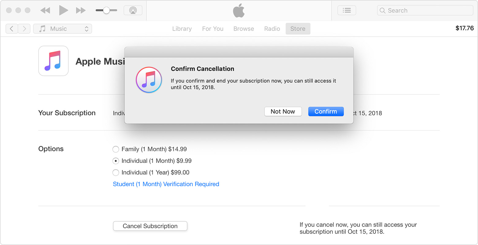 Окно iTunes с изображением подписки на Apple Music. На переднем плане отображается сообщение с предложением подтвердить отмену подписки.