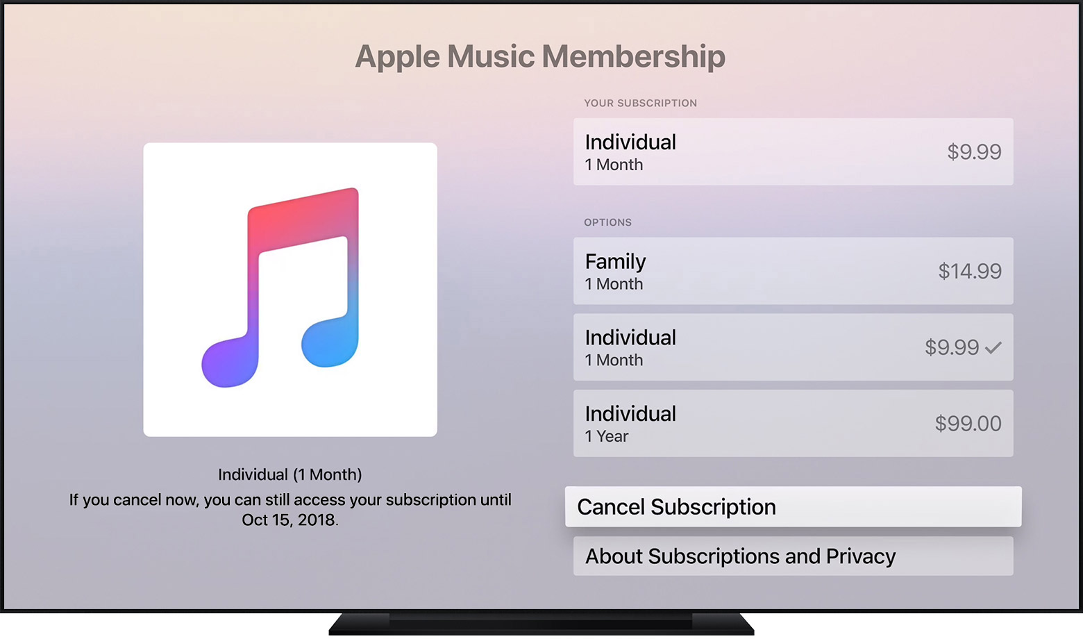 Apple TV с изображением подписки на Apple Music. Выбран вариант отмены подписки.